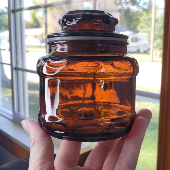 Vintage Amber Brown Glass Apothecary Canister Spice Jar Starburst Lid 4.25” - Picture 1 of 12